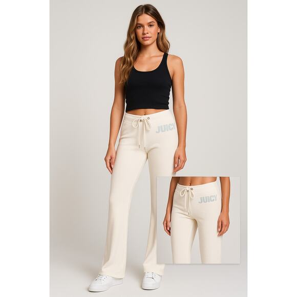 JUICY COUTURE Terry Cloth Drawstring Flare Pant Y2K Sweatpant Small S White - Picture 1 of 11